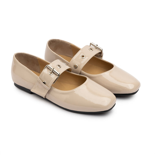 Belt Flat Mary Janes Vernis In Dark Beige