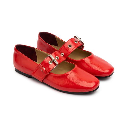 Belt Flat Mary Janes Vernis In Red