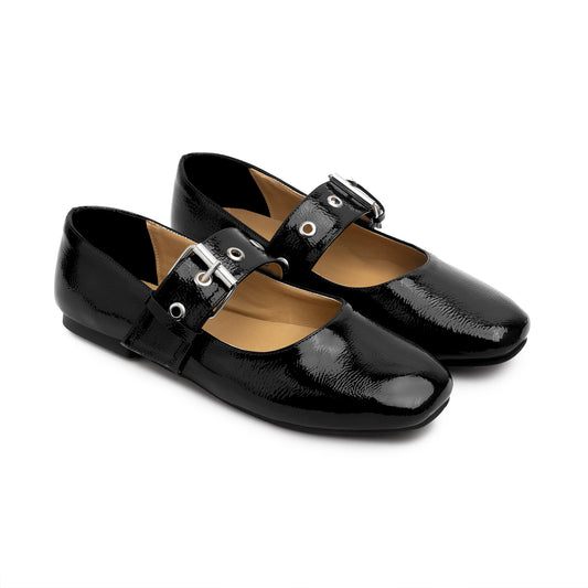 Belt Flat Mary Janes Glazed Leather In Black
