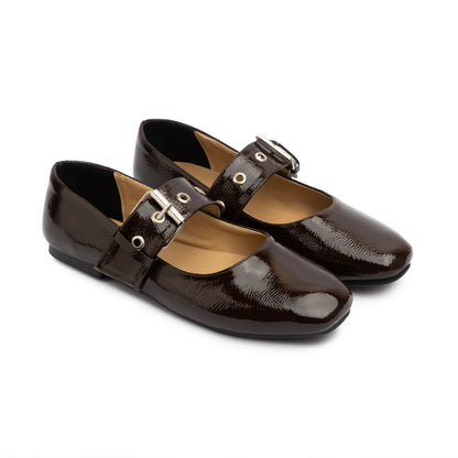 Belt Flat Mary Janes Glazed Leather In Brown