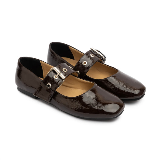 Belt Flat Mary Janes Glazed Leather In Brown