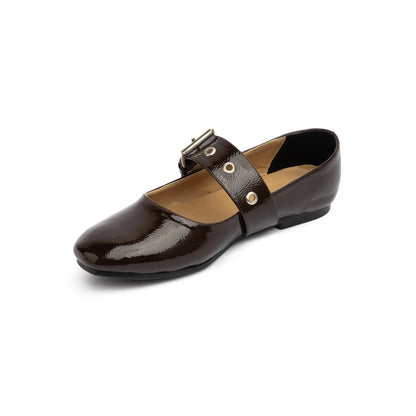 Belt Flat Mary Janes Glazed Leather In Brown
