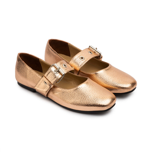 Belt Flat Mary Janes Pebbled Metallic In Rose Gold