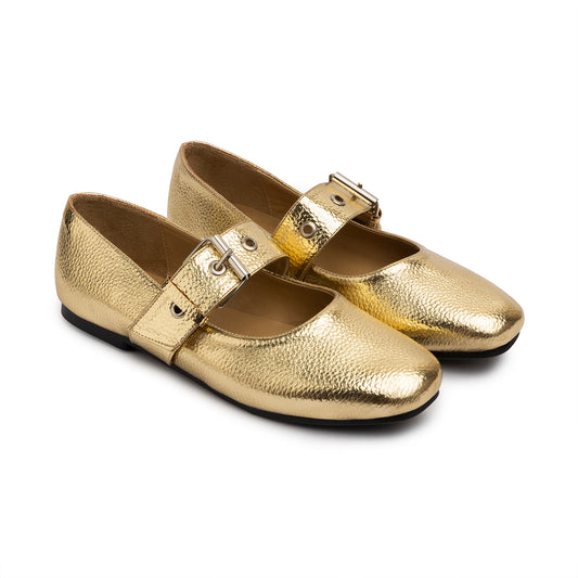 Belt Flat Mary Janes Pebbled Metallic In Gold