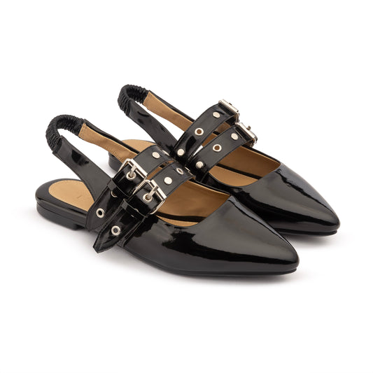 Double Belt Flat Slingbacks Vernis In Black