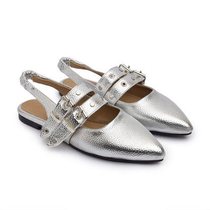Double Belt Flat Slingbacks Pebbled Metallic  In Silver