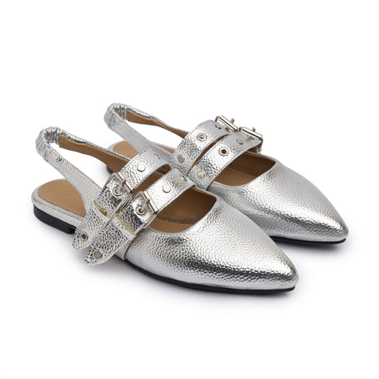 Double Belt Flat Slingbacks Pebbled Metallic  In Silver