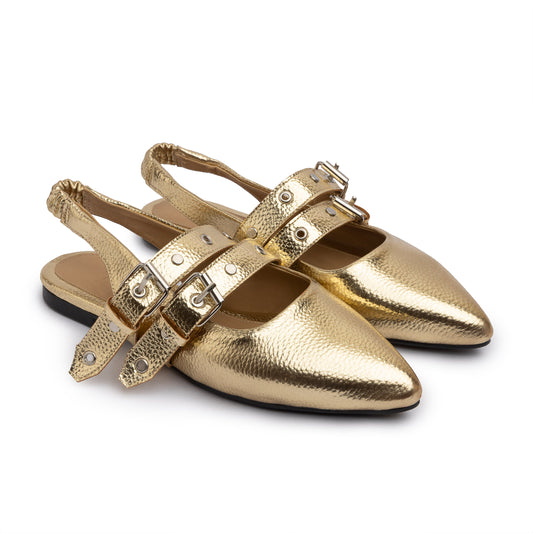 Double Belt Flat Slingbacks Pebbled Metallic  In Gold