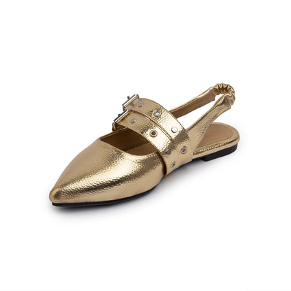 Double Belt Flat Slingbacks Pebbled Metallic  In Gold