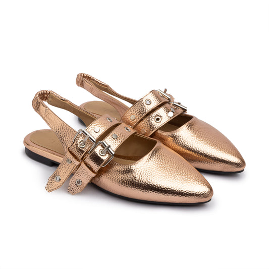 Double Belt Flat Slingbacks Pebbled Metallic  In Rose Gold