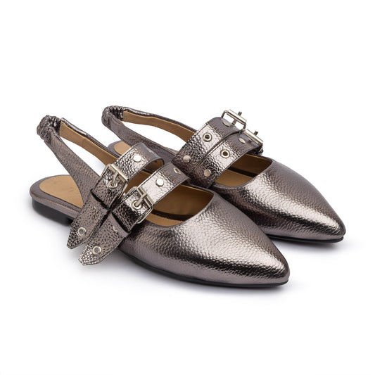 Double Belt Flat Slingbacks Pebbled Metallic  In Oxide