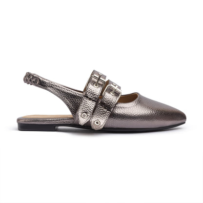 Double Belt Flat Slingbacks Pebbled Metallic  In Oxide
