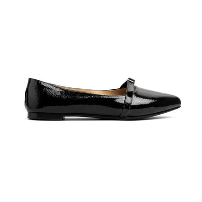 Single Buckle Strap Pointy Ballerina Glazed Leather In Black