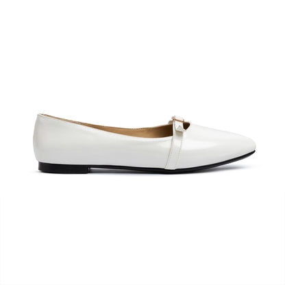 Single Buckle Strap Pointy Ballerina Glazed Leather In White