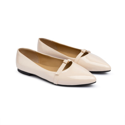 Single Buckle Strap Pointy Ballerina Glazed Leather In Beige
