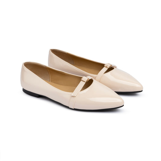 Single Buckle Strap Pointy Ballerina Glazed Leather In Beige